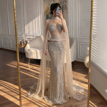 Luxury Nude Crystal Beaded Mermaid Gown with High Neck Cape LA73816 SERENE HILL