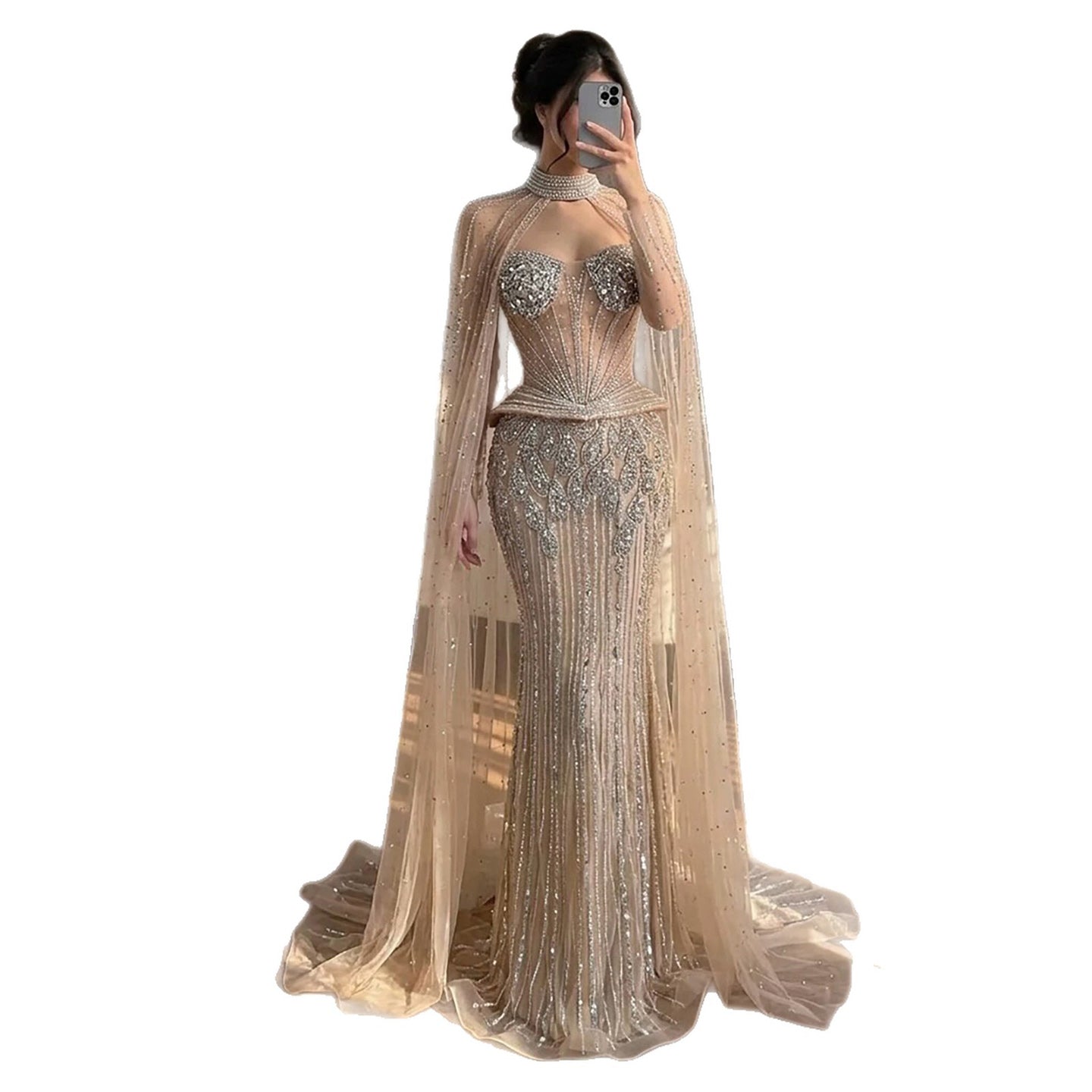 Luxury Nude Crystal Beaded Mermaid Gown with High Neck Cape LA73816 SERENE HILL