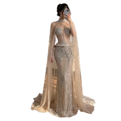 Luxury Nude Crystal Beaded Mermaid Gown with High Neck Cape LA73816 SERENE HILL