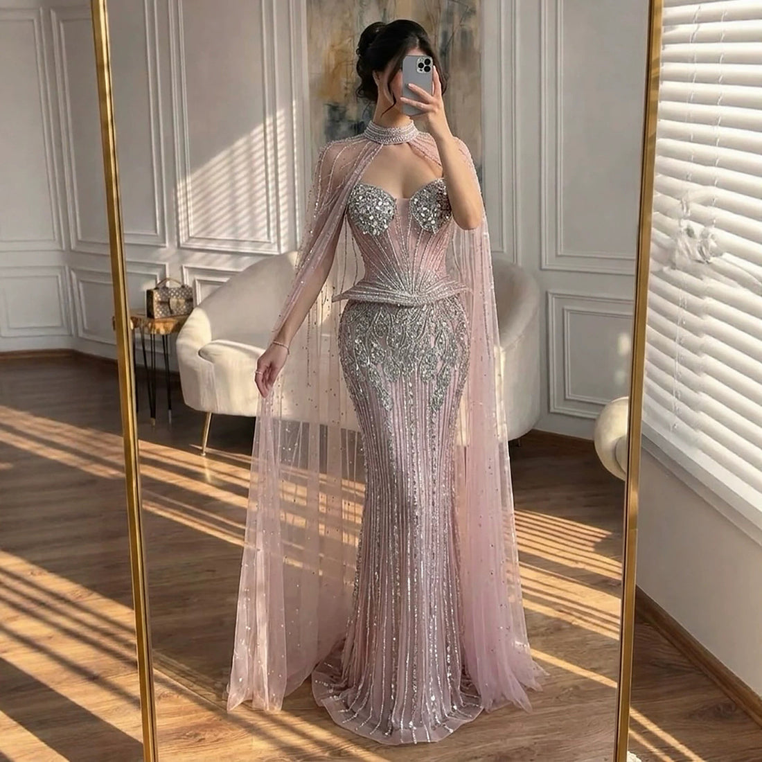 Luxury Nude Crystal Beaded Mermaid Gown with High Neck Cape LA73816 SERENE HILL