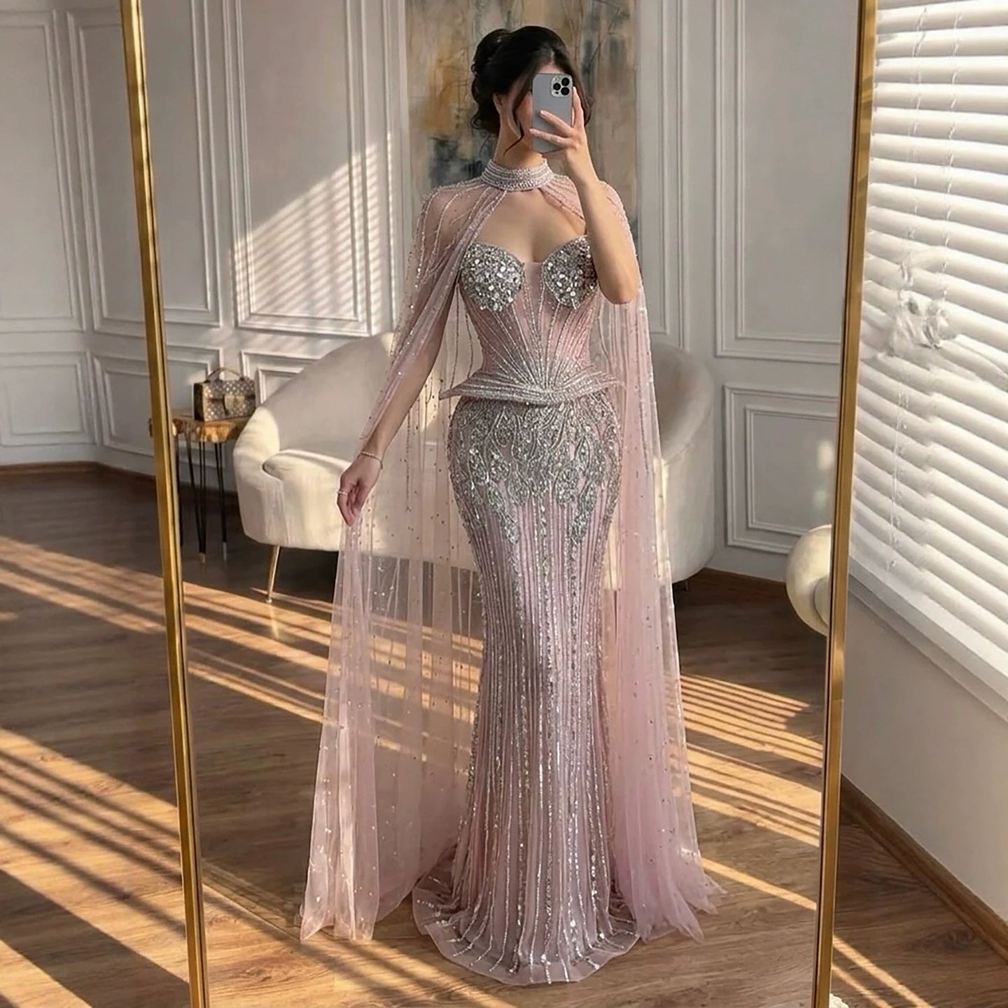 Luxury Nude Crystal Beaded Mermaid Gown with High Neck Cape LA73816 SERENE HILL