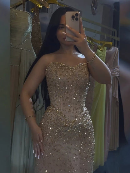 Luxury Gold Crystal Beaded Strapless Mermaid Evening Dress LA73818 SERENE HILL