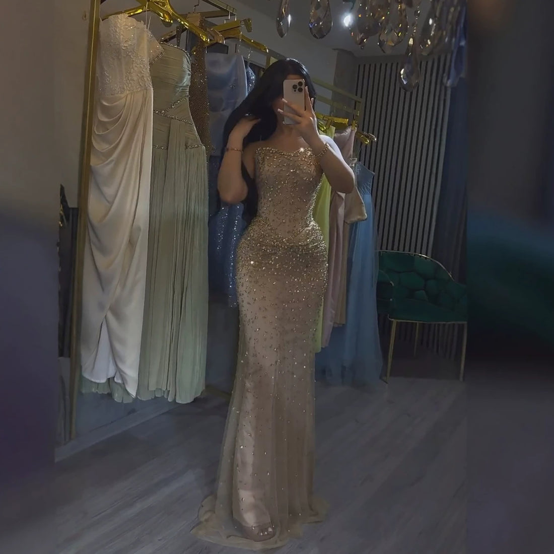 Luxury Gold Crystal Beaded Strapless Mermaid Evening Dress LA73818 SERENE HILL