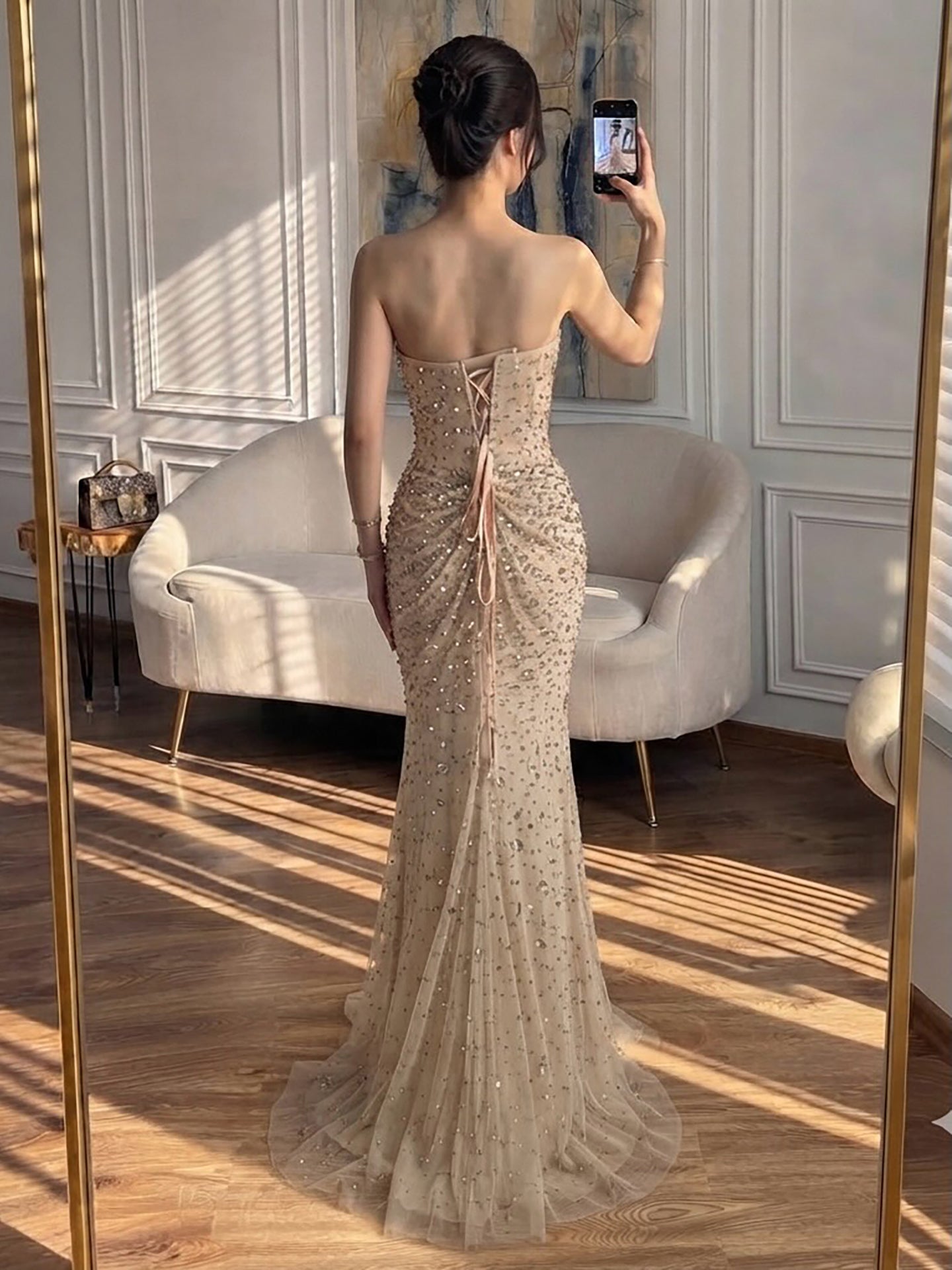 Luxury Gold Crystal Beaded Strapless Mermaid Evening Dress LA73818 SERENE HILL