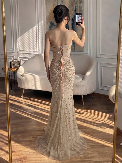 Luxury Gold Crystal Beaded Strapless Mermaid Evening Dress LA73818 SERENE HILL