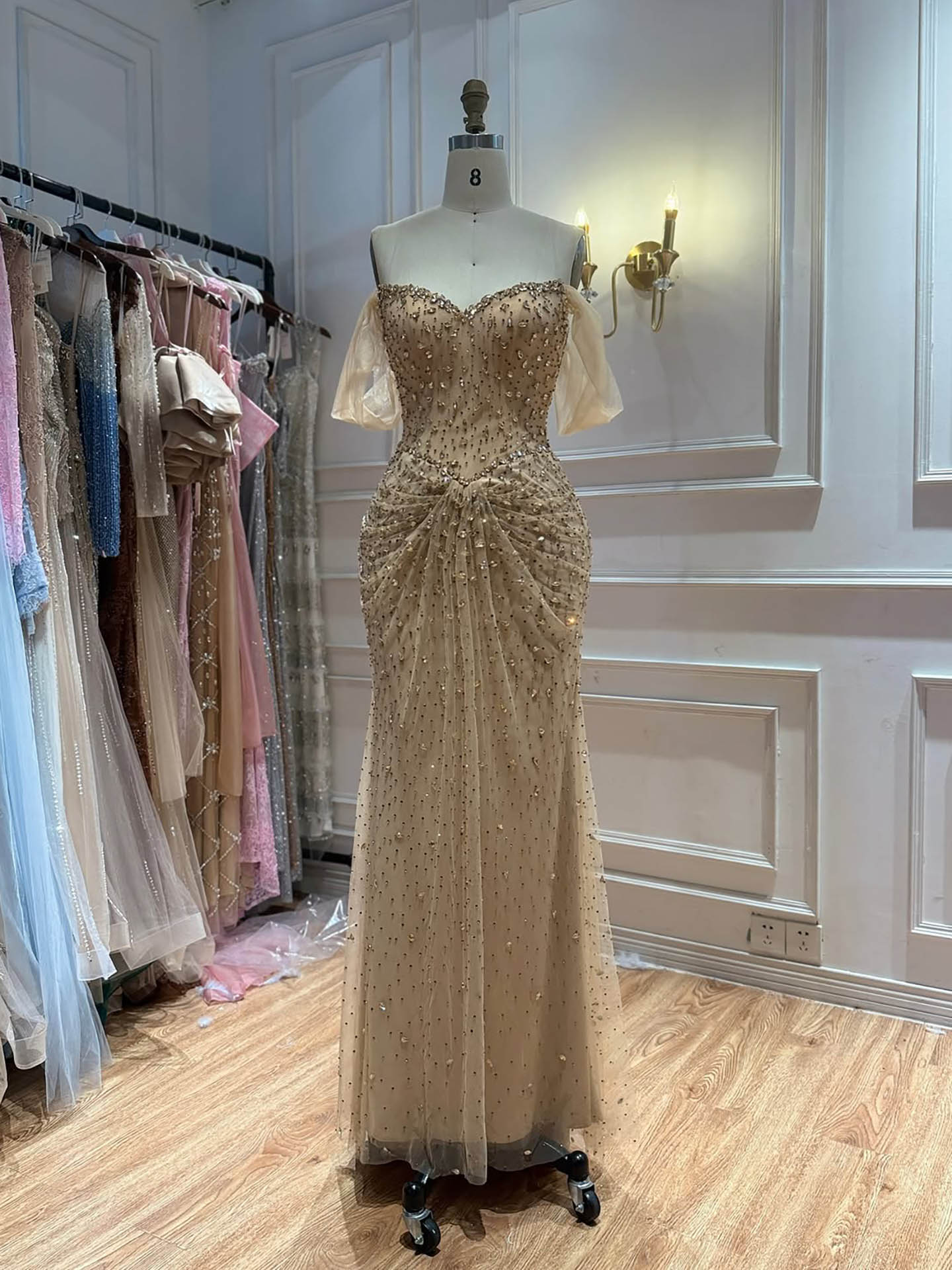 Luxury Gold Strapless Crystal Beaded Mermaid Evening Dress LA73818A