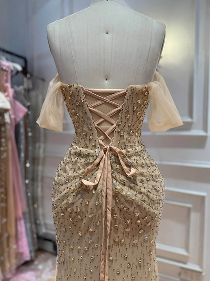 Luxury Gold Strapless Crystal Beaded Mermaid Evening Dress LA73818A