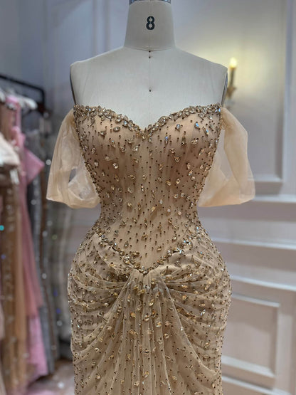Luxury Gold Strapless Crystal Beaded Mermaid Evening Dress LA73818A