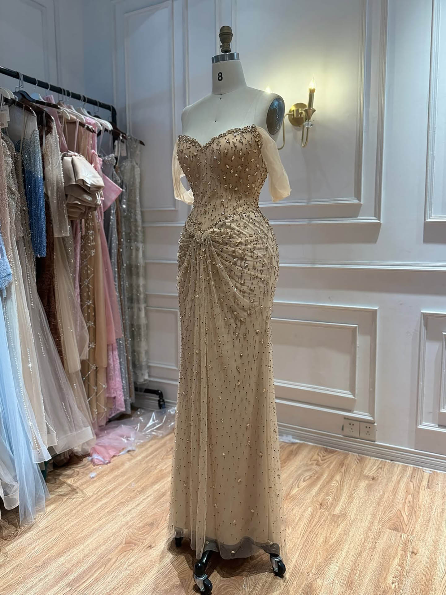 Luxury Gold Strapless Crystal Beaded Mermaid Evening Dress LA73818A