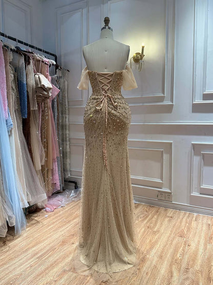 Luxury Gold Strapless Crystal Beaded Mermaid Evening Dress LA73818A