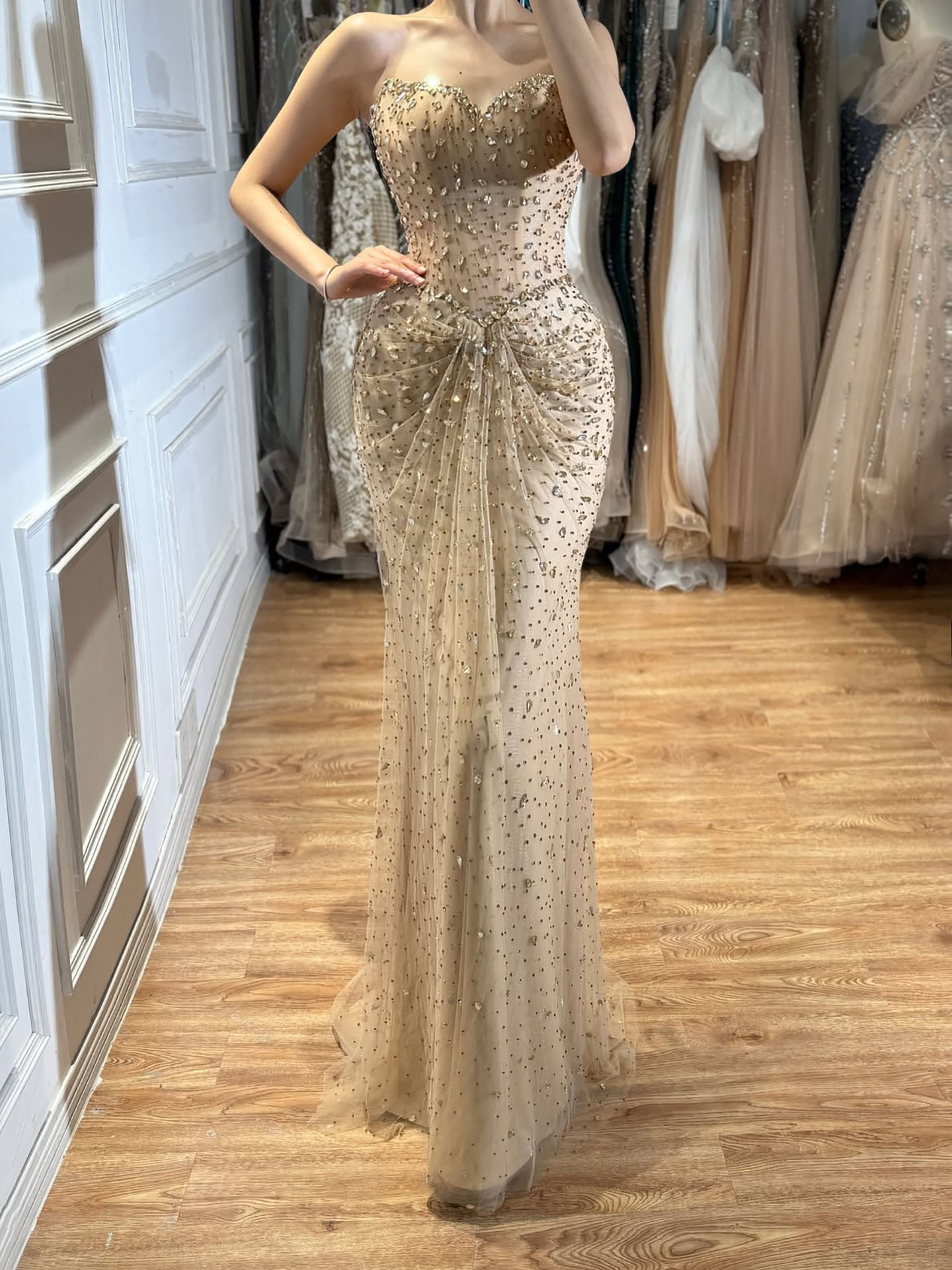 Luxury Gold Crystal Beaded Strapless Mermaid Evening Dress LA73818 SERENE HILL