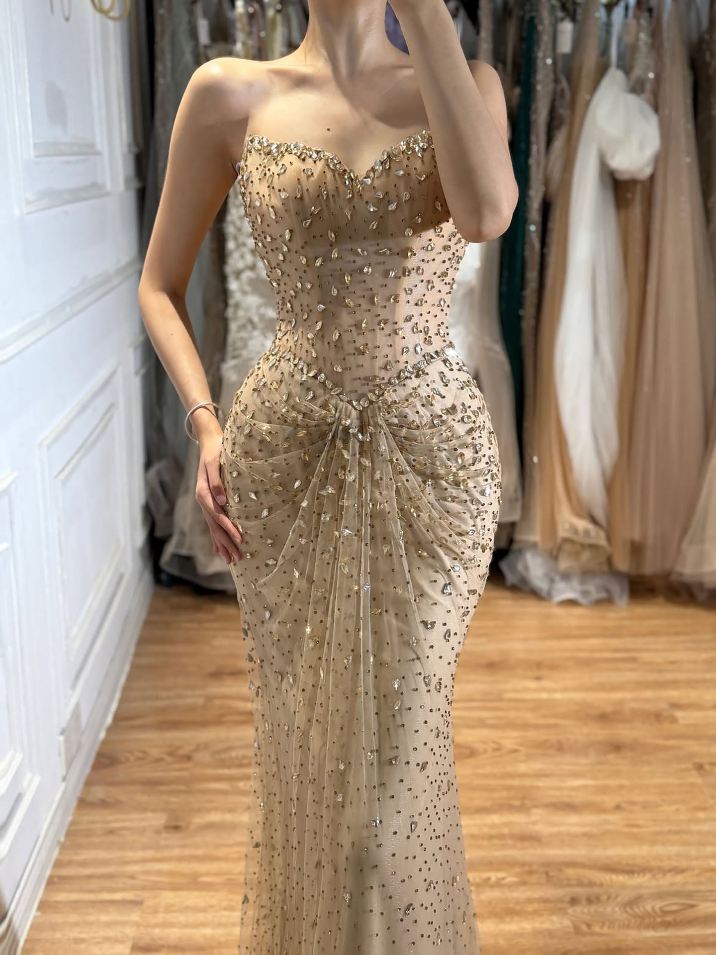 Luxury Gold Crystal Beaded Strapless Mermaid Evening Dress LA73818 SERENE HILL