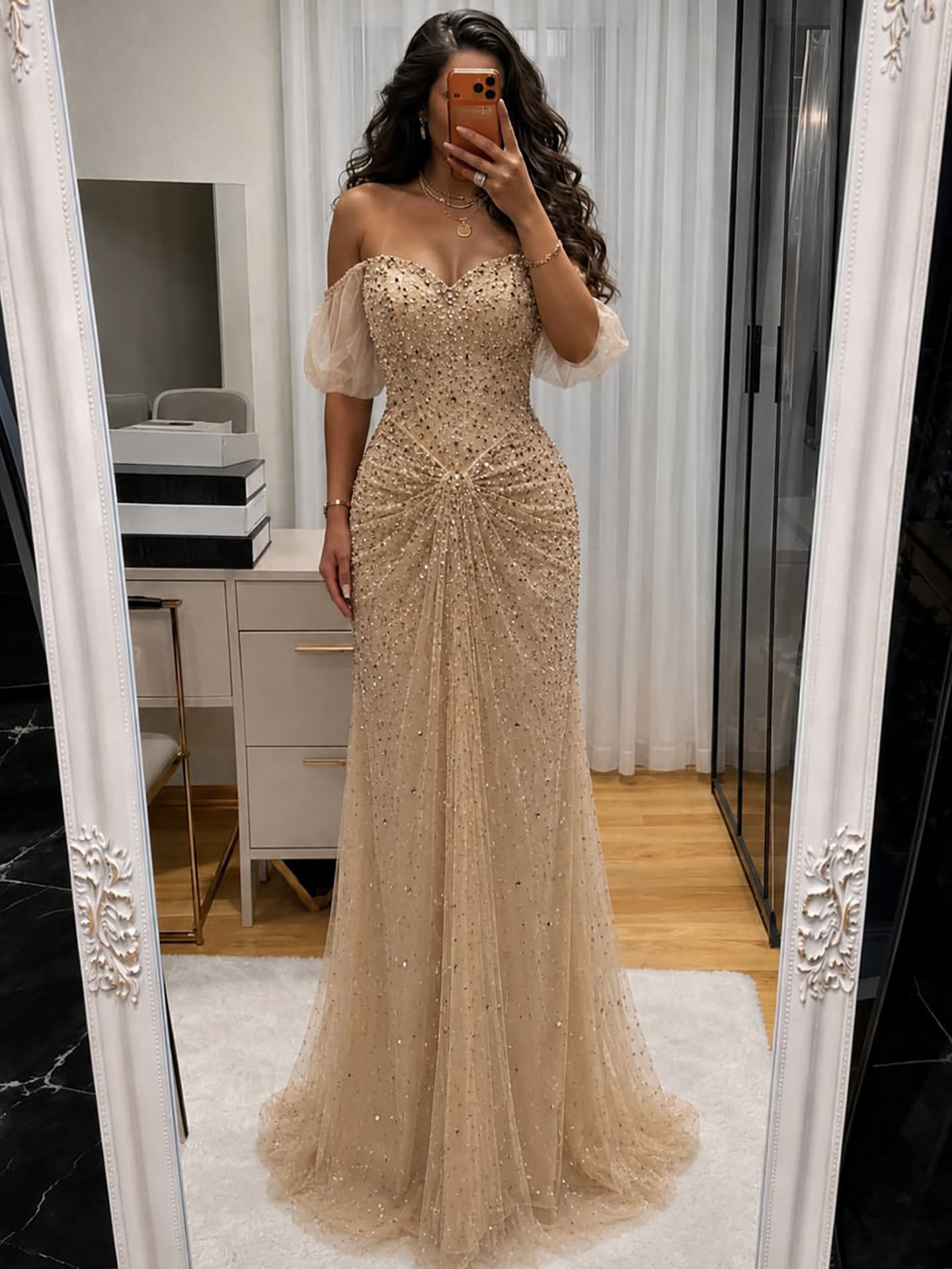 Luxury Gold Strapless Crystal Beaded Mermaid Evening Dress LA73818A