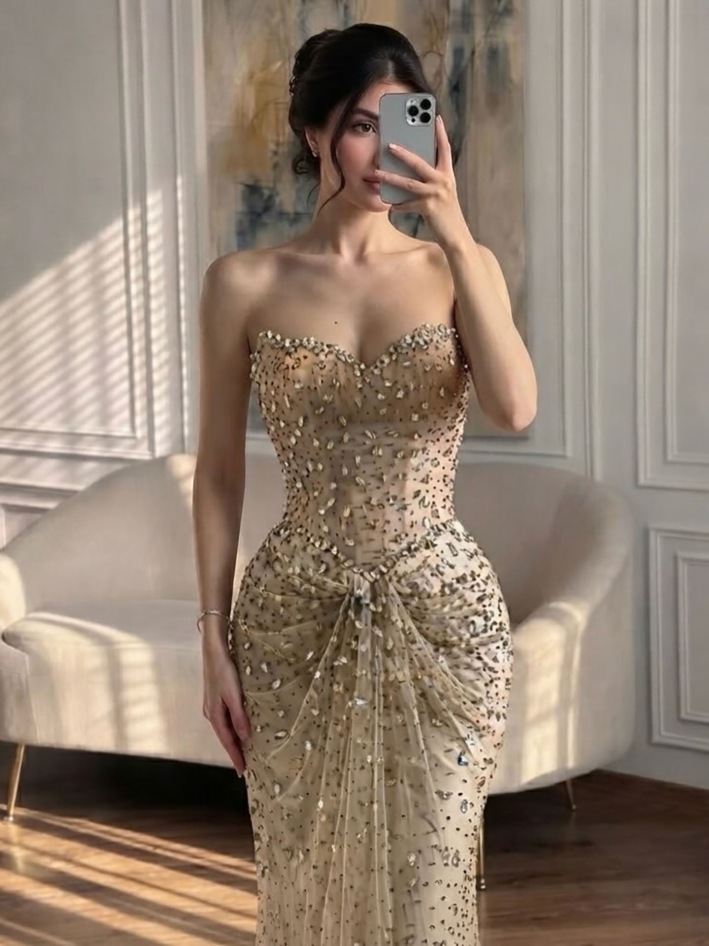 Luxury Gold Crystal Beaded Strapless Mermaid Evening Dress LA73818 SERENE HILL