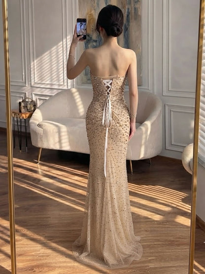Luxury Gold Crystal Beaded Strapless Mermaid Evening Dress LA73818 SERENE HILL