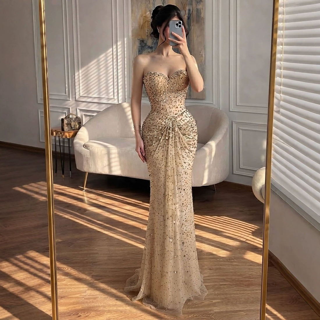 Luxury Gold Strapless Crystal Beaded Mermaid Evening Dress LA73818A