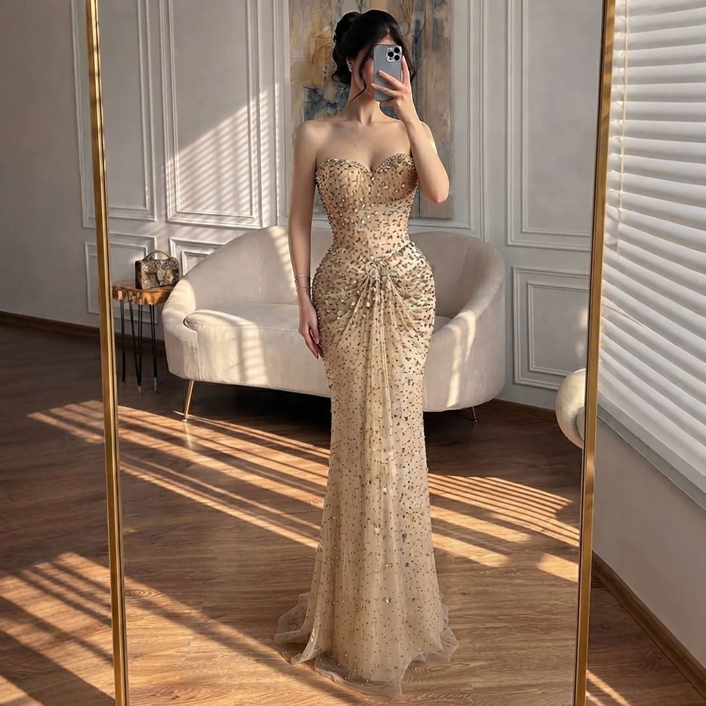 Luxury Gold Strapless Crystal Beaded Mermaid Evening Dress LA73818A