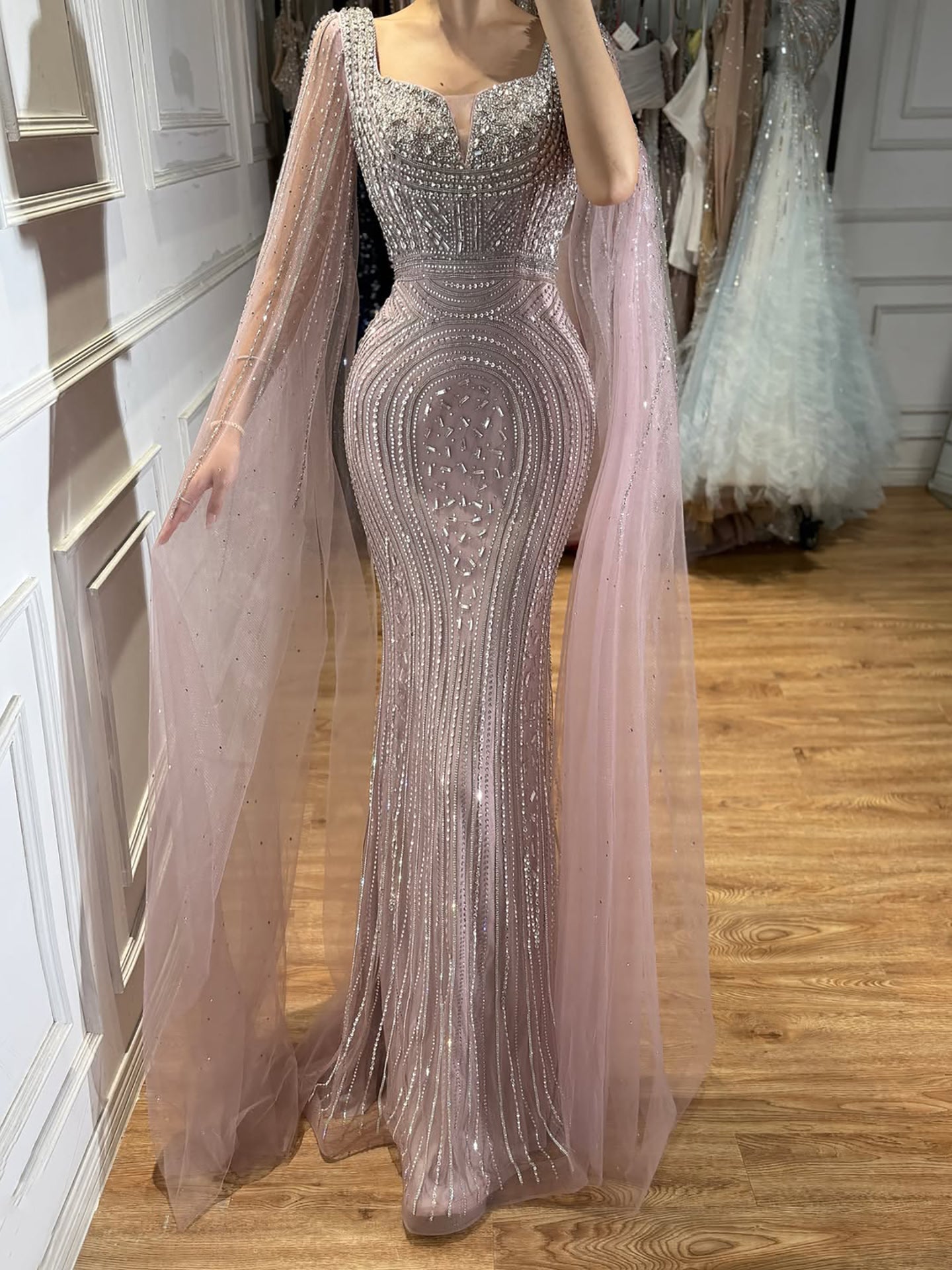 Luxury Turquoise Beaded Mermaid Gown with Cape Sleeves LA73819 SERENE HILL
