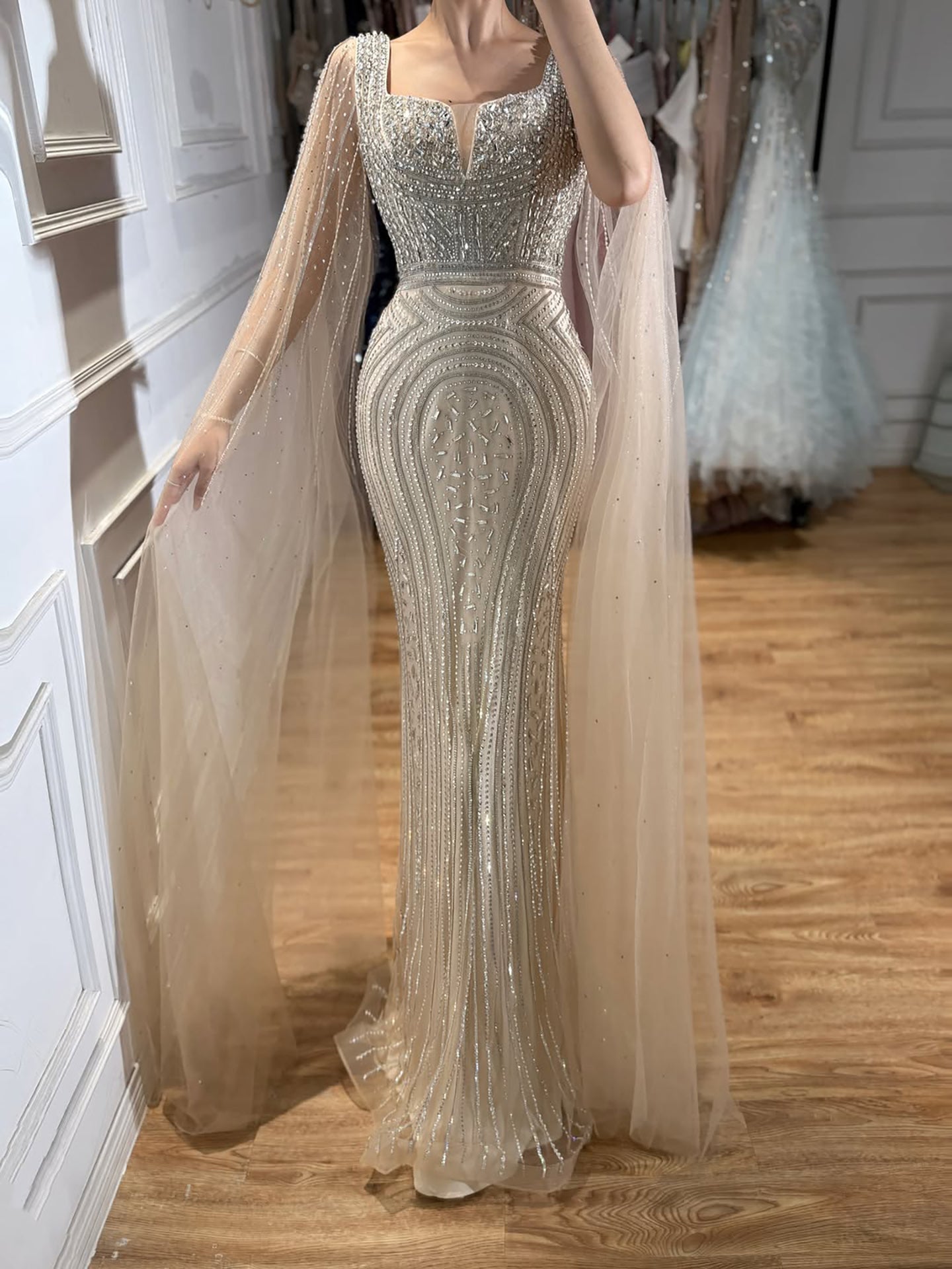 Luxury Turquoise Beaded Mermaid Gown with Cape Sleeves LA73819 SERENE HILL