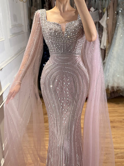 Luxury Turquoise Beaded Mermaid Gown with Cape Sleeves LA73819 SERENE HILL
