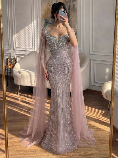 Luxury Turquoise Beaded Mermaid Gown with Cape Sleeves LA73819 SERENE HILL