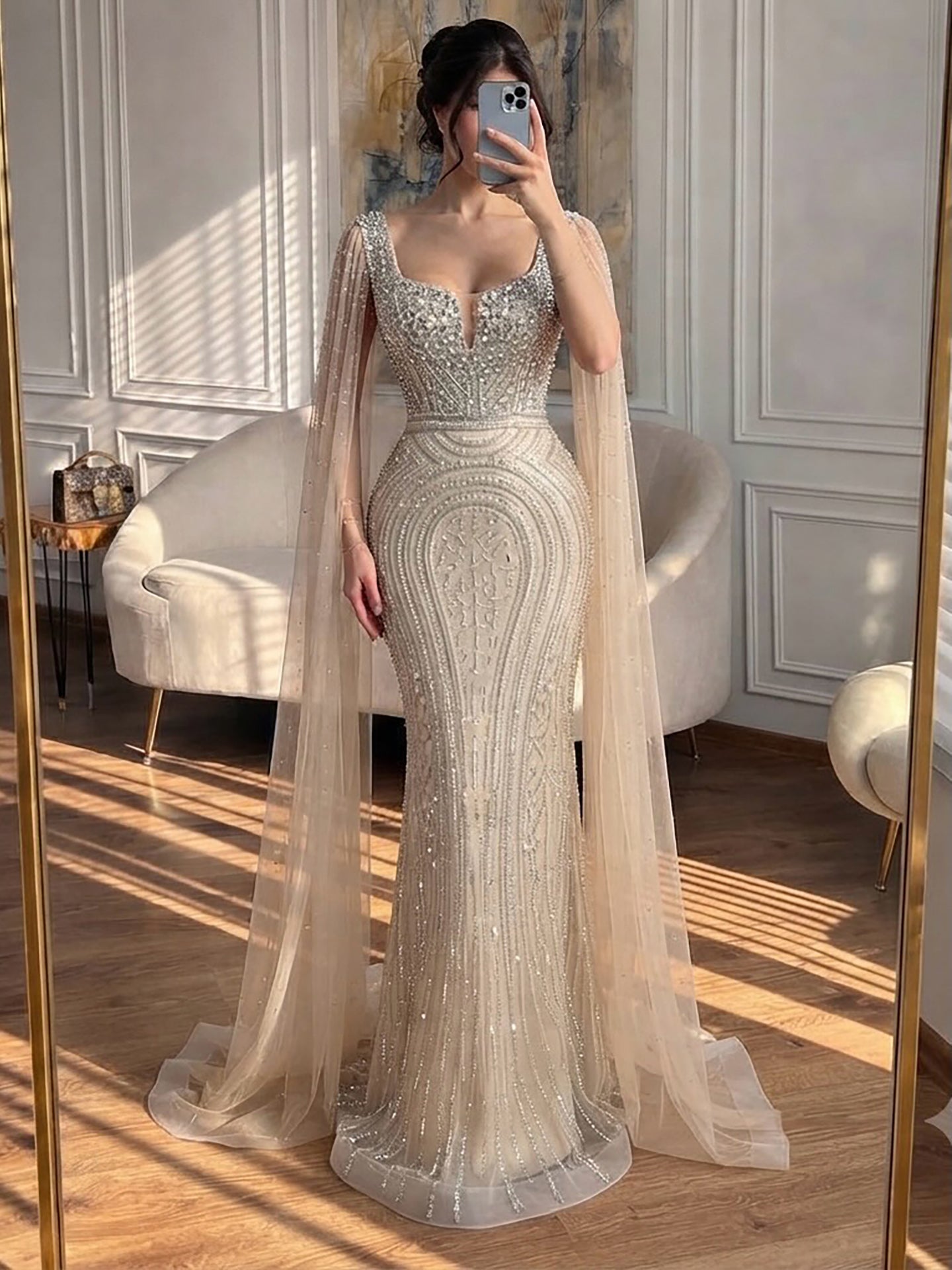 Luxury Turquoise Beaded Mermaid Gown with Cape Sleeves LA73819 SERENE HILL