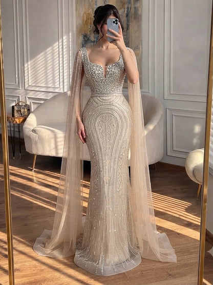 Luxury Turquoise Beaded Mermaid Gown with Cape Sleeves LA73819 SERENE HILL