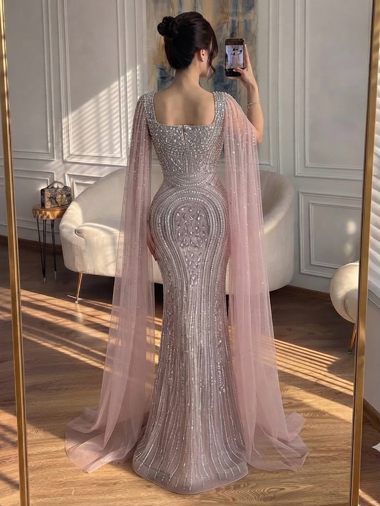 Luxury Turquoise Beaded Mermaid Gown with Cape Sleeves LA73819 SERENE HILL