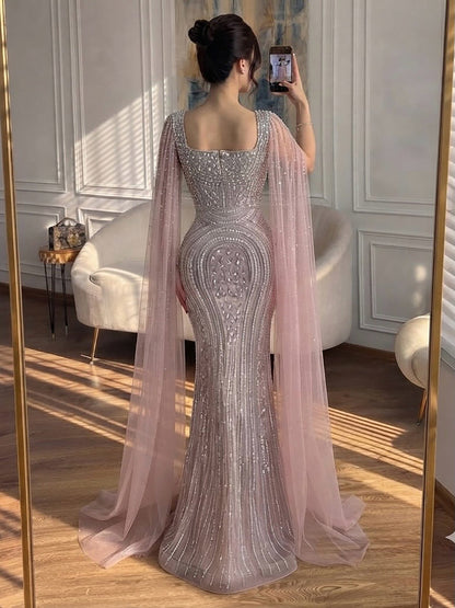 Luxury Turquoise Beaded Mermaid Gown with Cape Sleeves LA73819 SERENE HILL