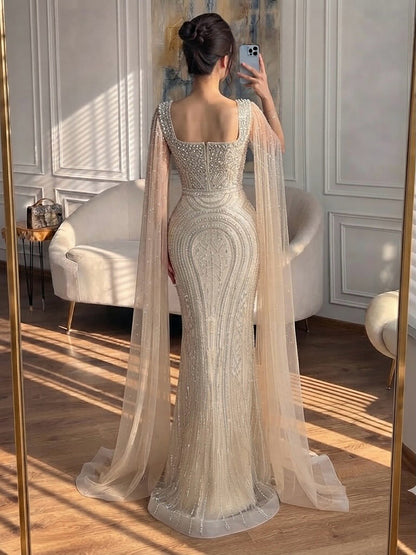Luxury Turquoise Beaded Mermaid Gown with Cape Sleeves LA73819 SERENE HILL