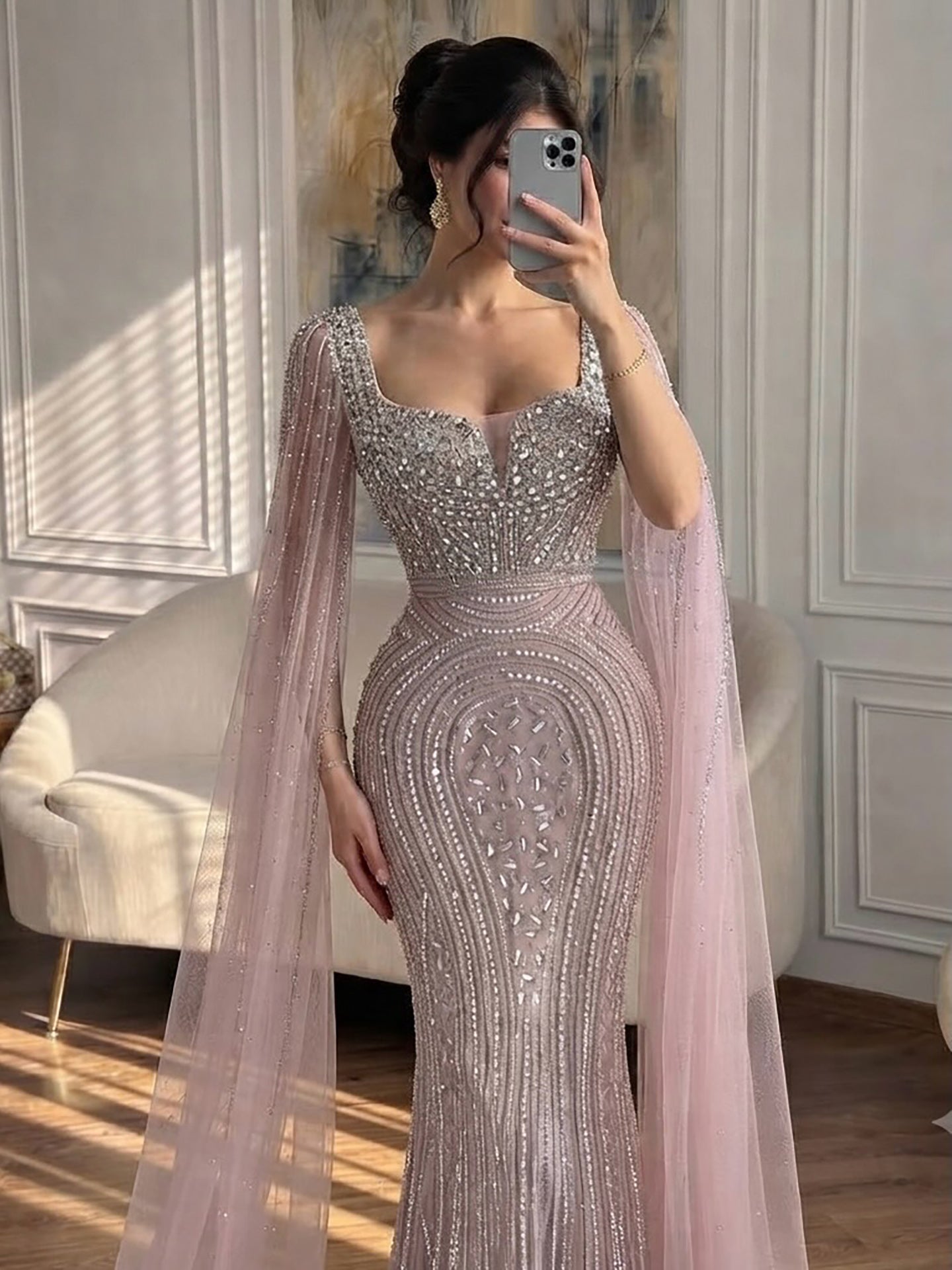 Luxury Turquoise Beaded Mermaid Gown with Cape Sleeves LA73819 SERENE HILL
