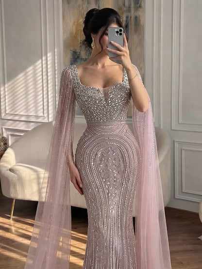 Luxury Turquoise Beaded Mermaid Gown with Cape Sleeves LA73819 SERENE HILL