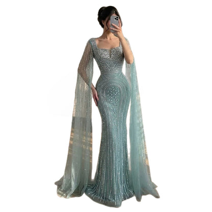 Luxury Turquoise Beaded Mermaid Gown with Cape Sleeves LA73819 SERENE HILL