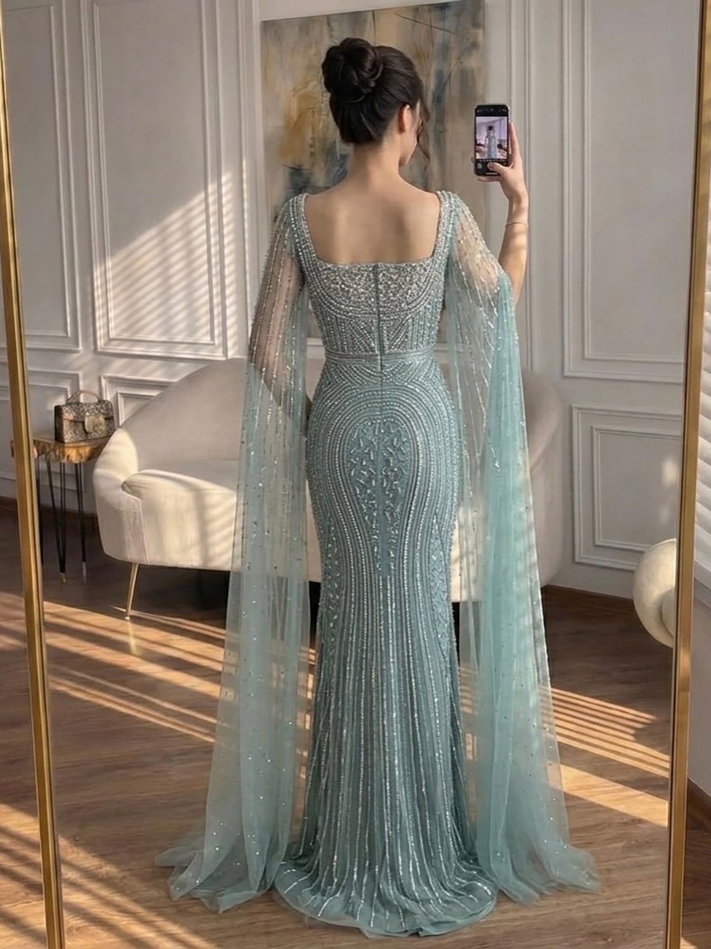 Luxury Turquoise Beaded Mermaid Gown with Cape Sleeves LA73819 SERENE HILL