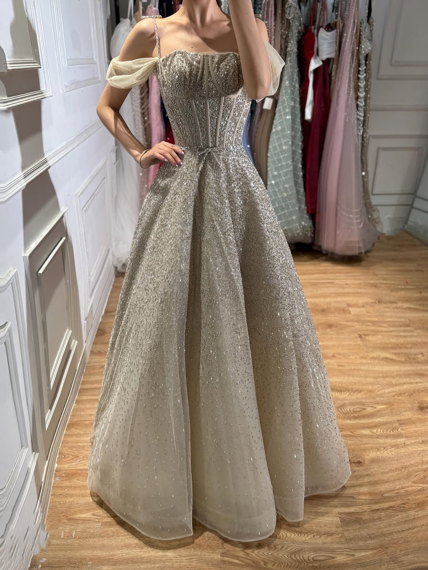 Luxury Caramel Off The Shoulder Beaded A Line Evening Dress LA73820 SERENE HILL