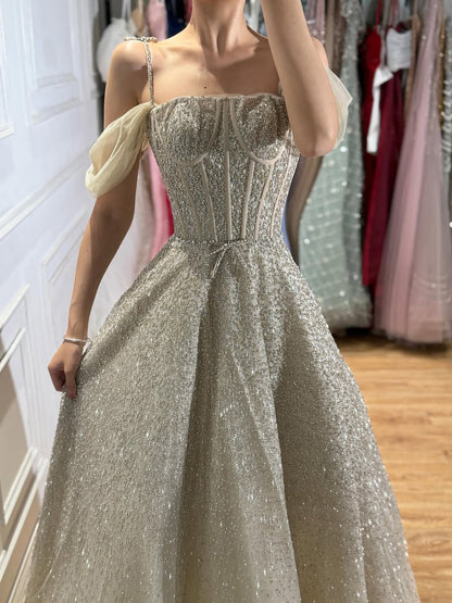 Luxury Caramel Off The Shoulder Beaded A Line Evening Dress LA73820 SERENE HILL