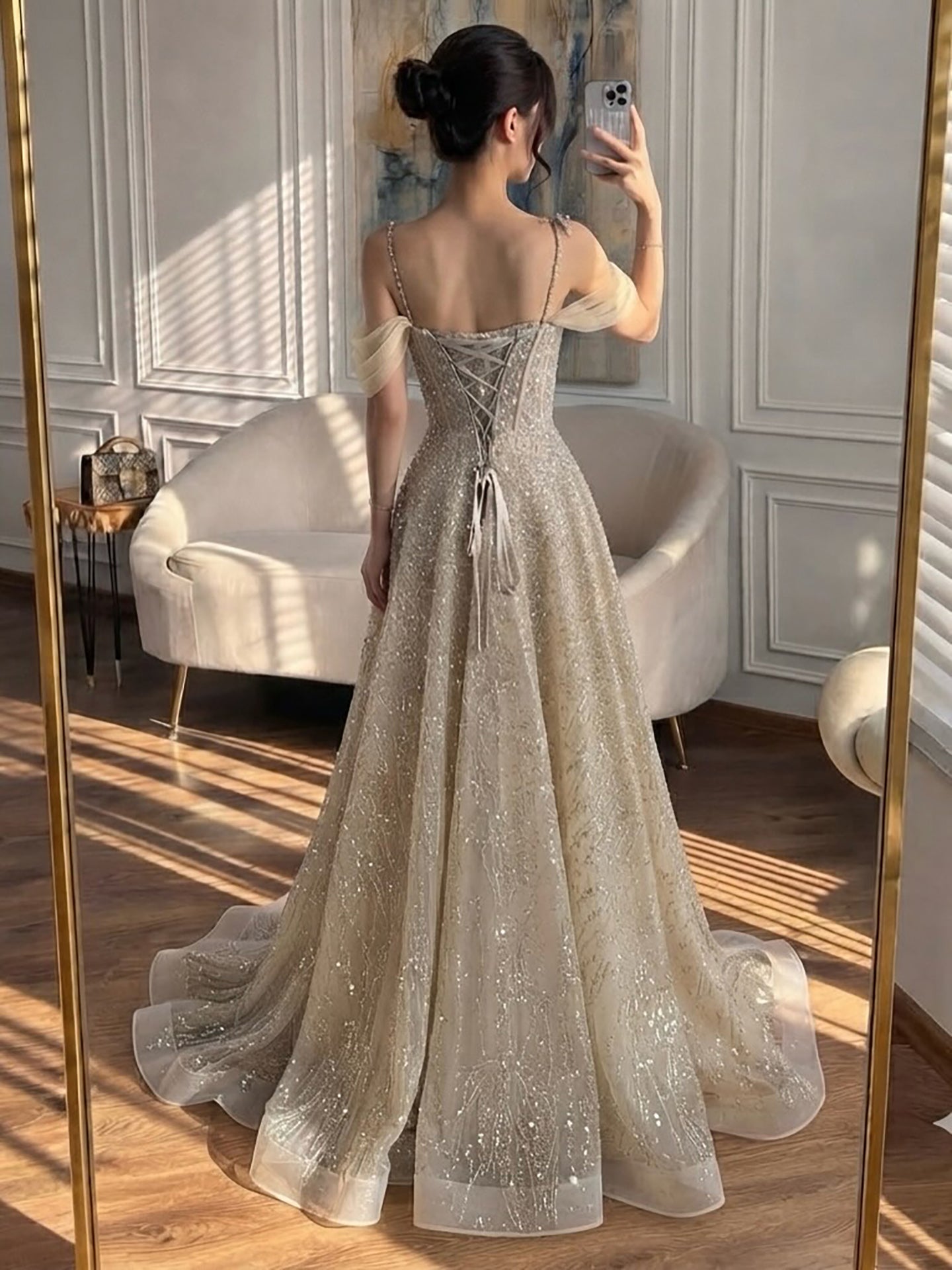 Luxury Caramel Off The Shoulder Beaded A Line Evening Dress LA73820 SERENE HILL