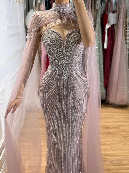 Luxury Pink Crystal Beaded Mermaid Evening Dress with Cape LA73822 SERENE HILL