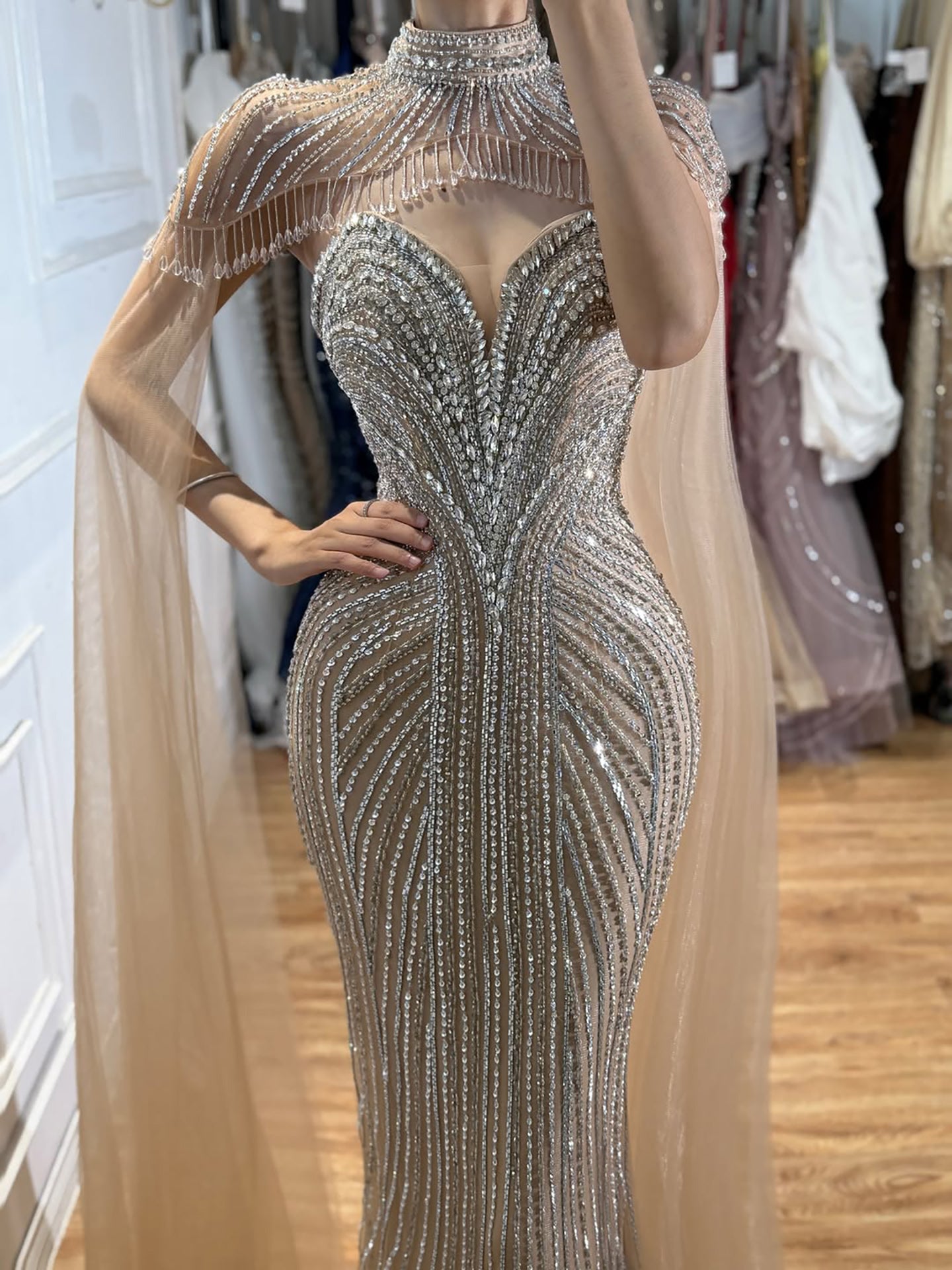 Luxury Pink Crystal Beaded Mermaid Evening Dress with Cape LA73822 SERENE HILL