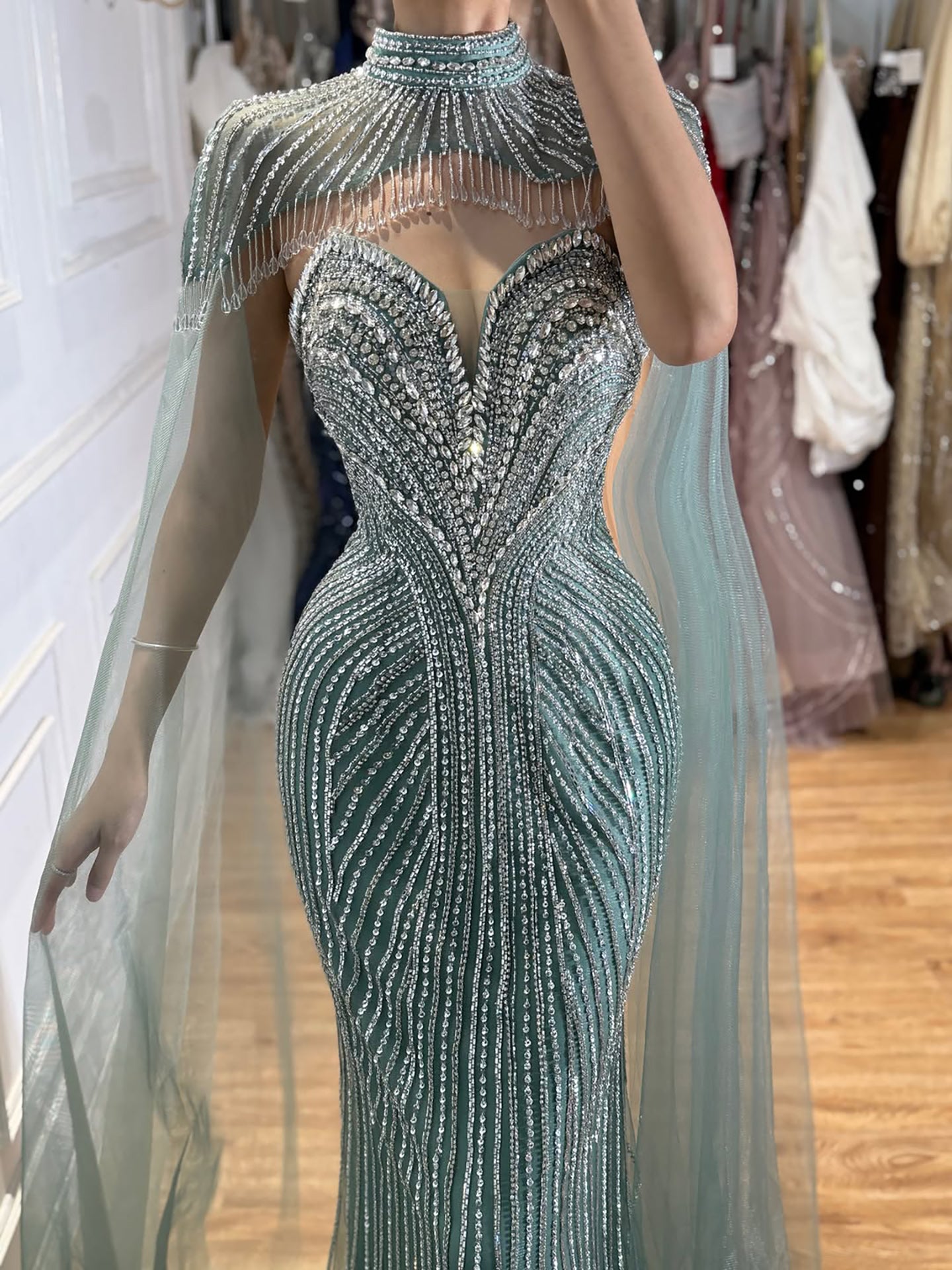 Luxury Pink Crystal Beaded Mermaid Evening Dress with Cape LA73822 SERENE HILL