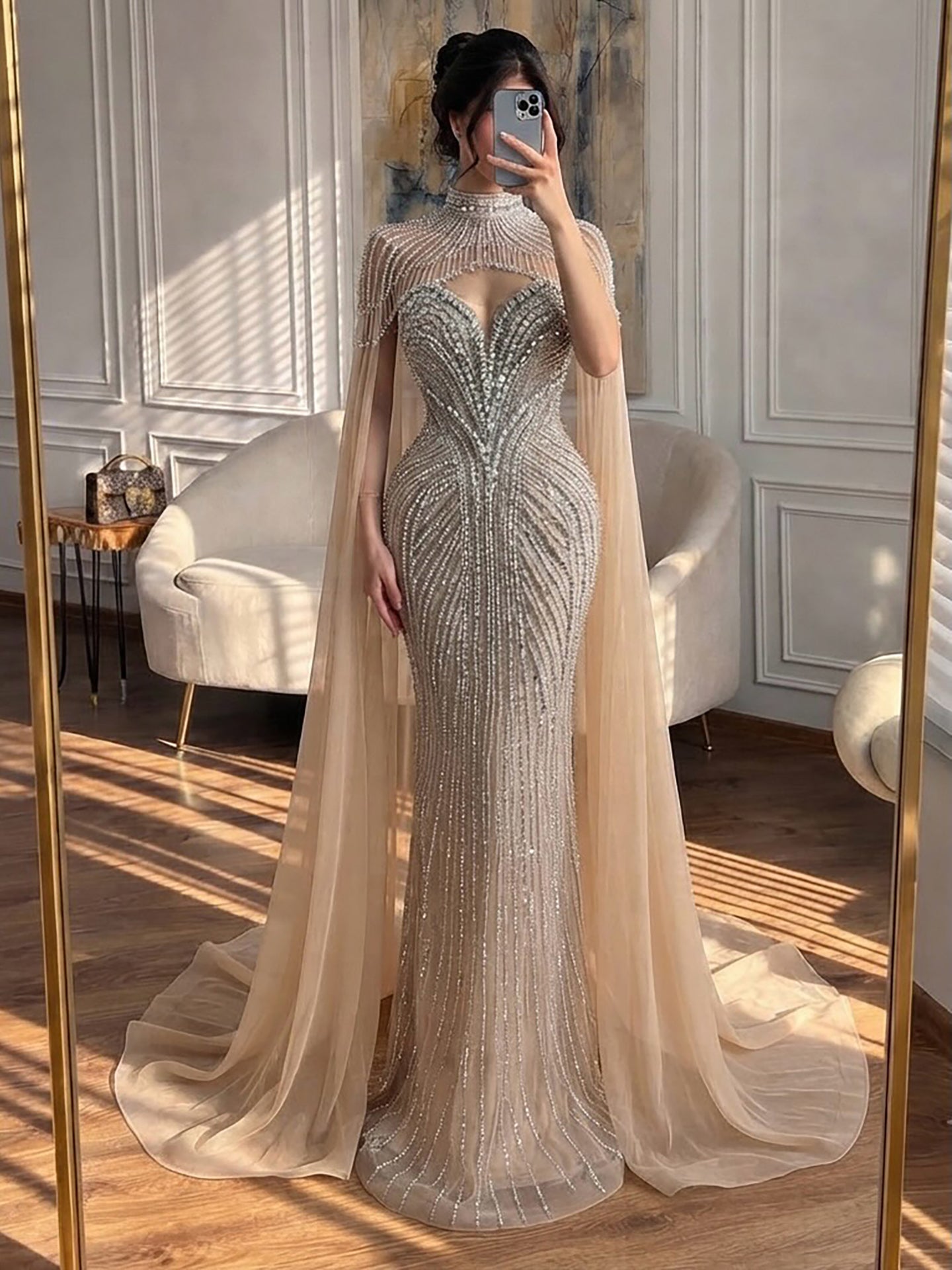 Luxury Pink Crystal Beaded Mermaid Evening Dress with Cape LA73822 SERENE HILL