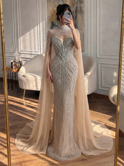 Luxury Pink Crystal Beaded Mermaid Evening Dress with Cape LA73822 SERENE HILL