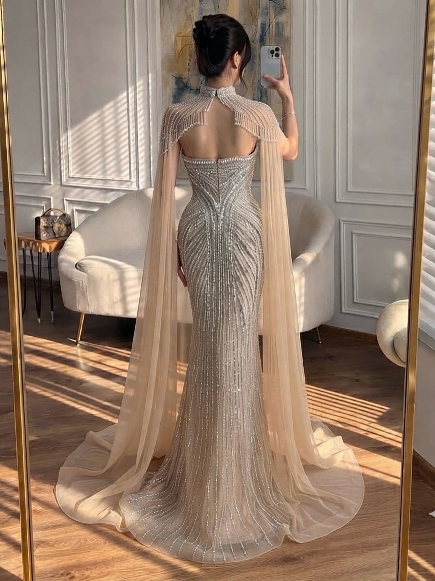 Luxury Pink Crystal Beaded Mermaid Evening Dress with Cape LA73822 SERENE HILL