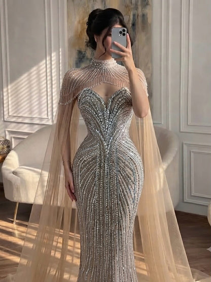 Luxury Pink Crystal Beaded Mermaid Evening Dress with Cape LA73822 SERENE HILL