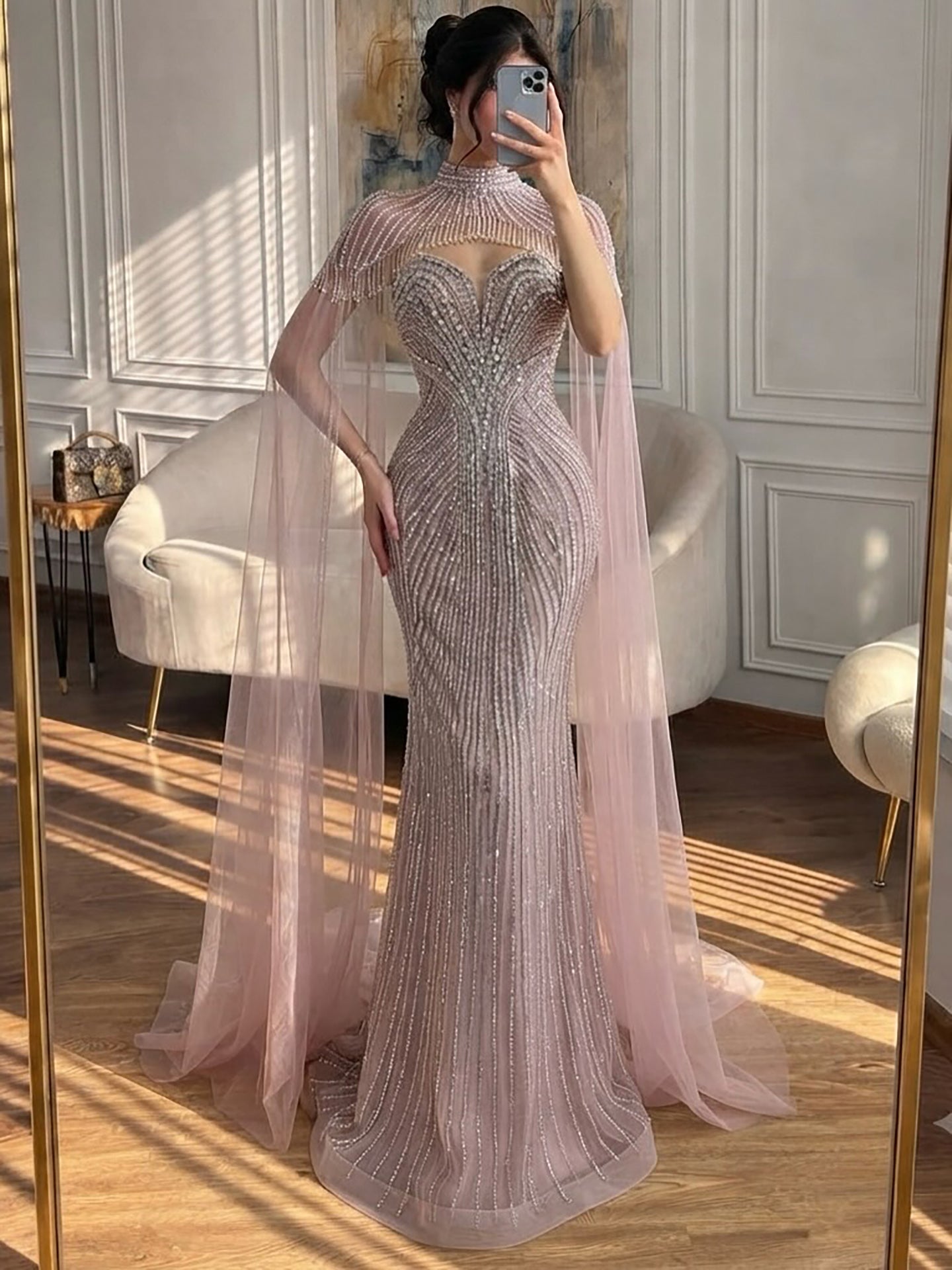 Luxury Pink Crystal Beaded Mermaid Evening Dress with Cape LA73822 SERENE HILL