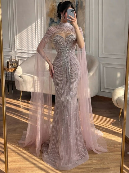 Luxury Pink Crystal Beaded Mermaid Evening Dress with Cape LA73822 SERENE HILL
