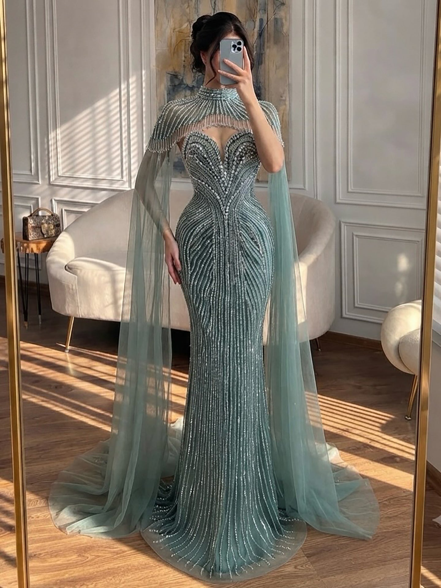 Luxury Pink Crystal Beaded Mermaid Evening Dress with Cape LA73822 SERENE HILL
