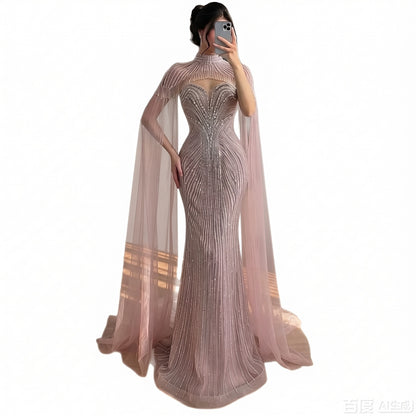 Luxury Pink Crystal Beaded Mermaid Evening Dress with Cape LA73822 SERENE HILL