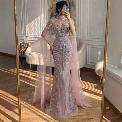 Luxury Pink Crystal Beaded Mermaid Evening Dress with Cape LA73822 SERENE HILL