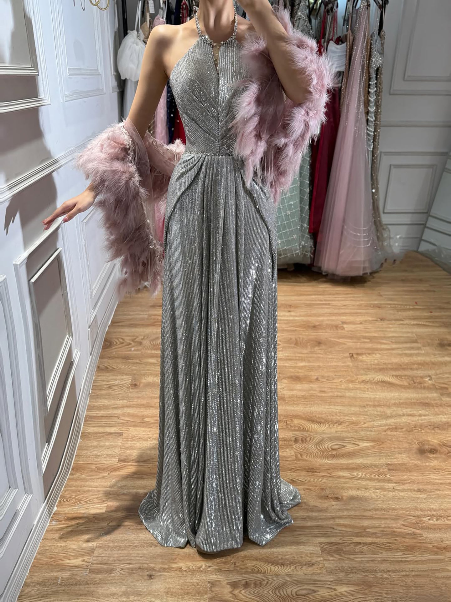 Luxury Silver Halter Feather Beaded Pleated A Line Evening Dress LA73823